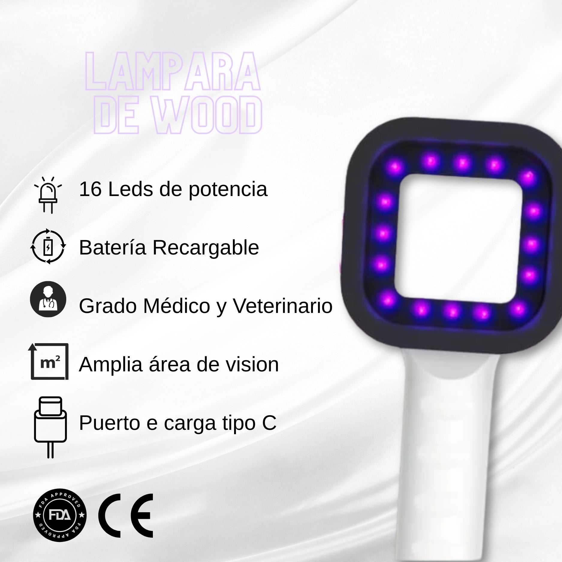 LAMPARA DE WOOD LUZ NEGRA UV INALAMBRICA BATERIA RECARGABLE