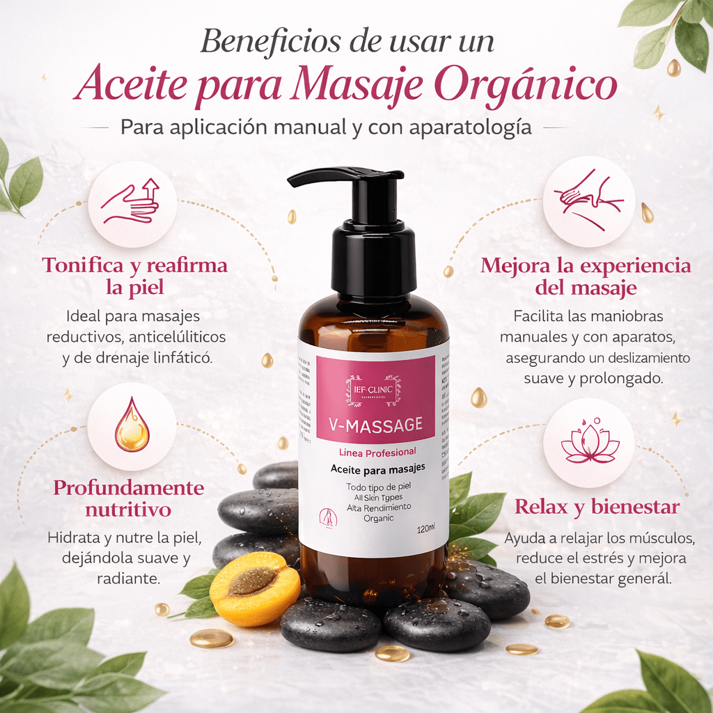 V - MASSAGE ORGANICO ACEITE PARA MASAJE MANUAL Y APARATOLOGIACUIDADO DE LA PIEL